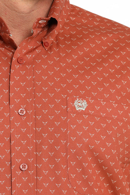 Cinch Men's Orange Steer Print Button Long Sleeve Western Shirt MTW1105847-Painted Cowgirl Western Store