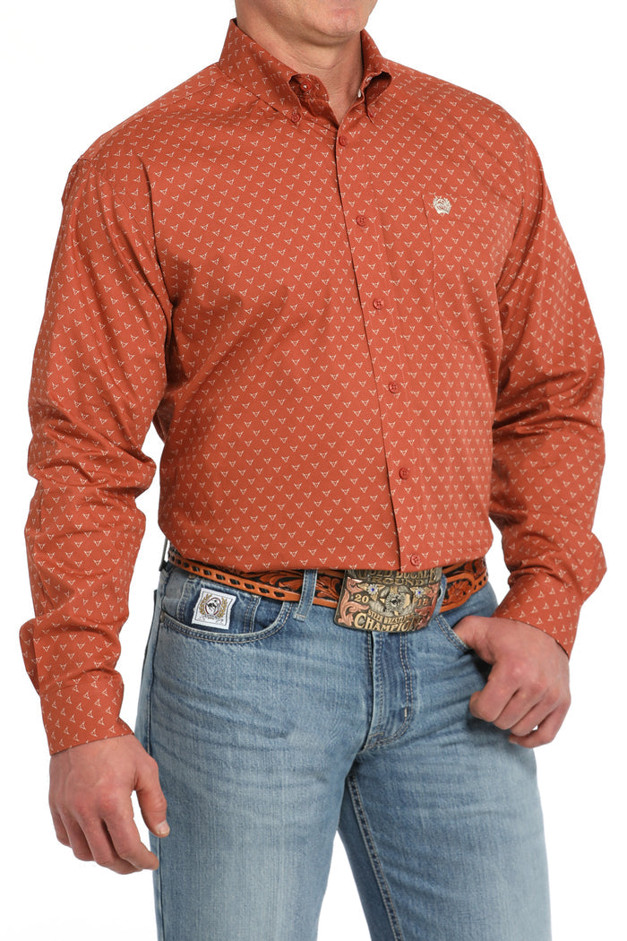 Cinch Men's Orange Steer Print Button Long Sleeve Western Shirt MTW1105847-Painted Cowgirl Western Store
