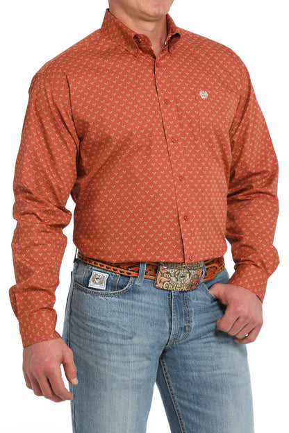 Cinch Men's Orange Steer Print Button Long Sleeve Western Shirt MTW1105847-Painted Cowgirl Western Store