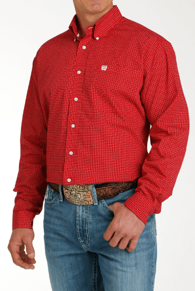 Cinch Men's Red Geo Print Button Long Sleeve Western Shirt MTW1105769