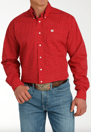 Cinch Men's Red Geo Print Button Long Sleeve Western Shirt MTW1105769