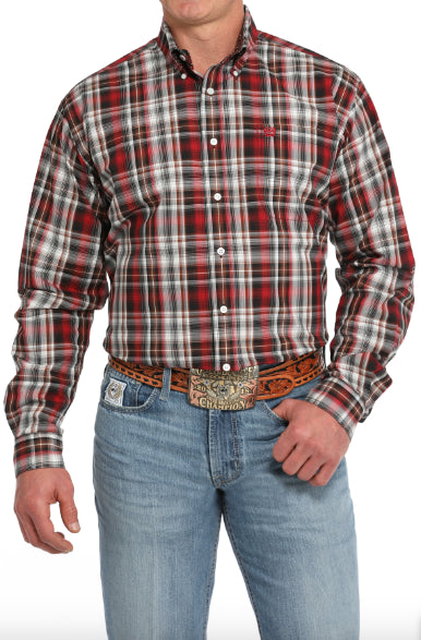 Cinch Men's Red Plaid Print Button Long Sleeve Western Shirt MTW1105838