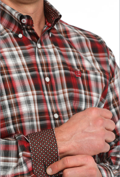 Cinch Men's Red Plaid Print Button Long Sleeve Western Shirt MTW1105838