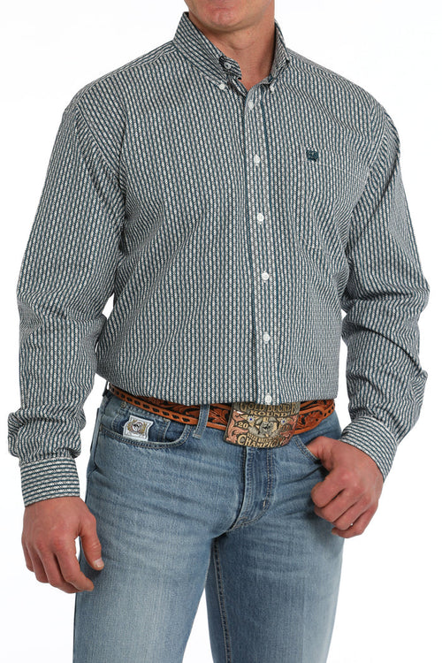 Cinch Men's White & Teal Geo Print Button Long Sleeve Western Shirt MTW1105867-Painted Cowgirl Western Store