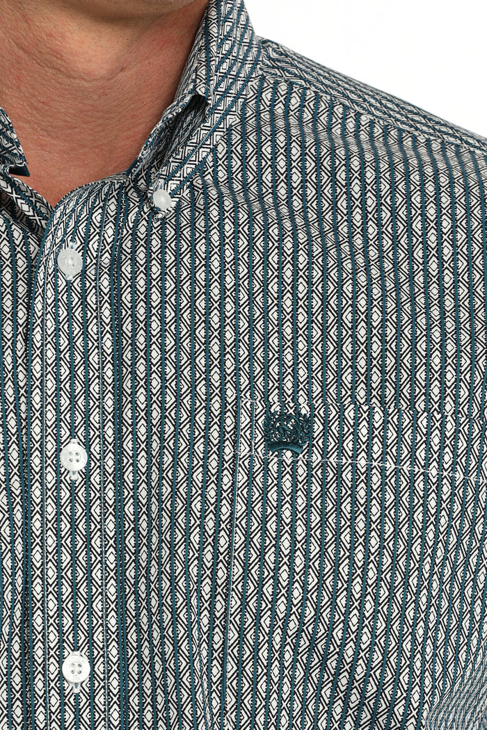 Cinch Men's White & Teal Geo Print Button Long Sleeve Western Shirt MTW1105867-Painted Cowgirl Western Store
