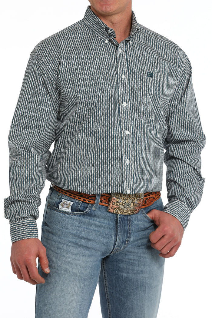 Cinch Men's White & Teal Geo Print Button Long Sleeve Western Shirt MTW1105867-Painted Cowgirl Western Store