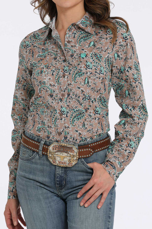 Cinch Women's Brown & Turquoise Paisley Print Button Long Sleeve Western Shirt MSW9164246