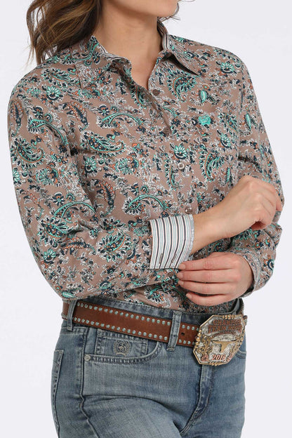 Cinch Women's Brown & Turquoise Paisley Print Button Long Sleeve Western Shirt MSW9164246