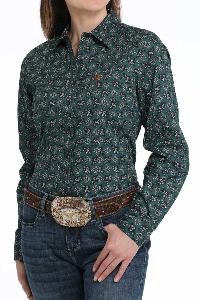 Cinch Women's Dark Green Paisley Print Button Long Sleeve Western Shirt MSW9164234