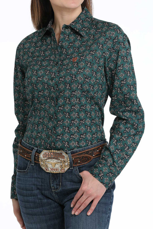 Cinch Women's Dark Green Paisley Print Button Long Sleeve Western Shirt MSW9164234