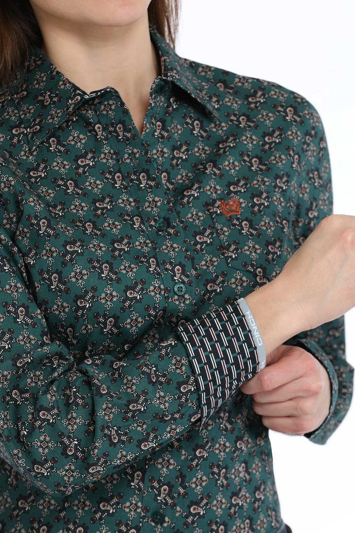 Cinch Women's Dark Green Paisley Print Button Long Sleeve Western Shirt MSW9164234