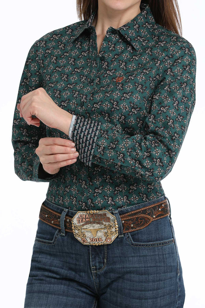 Cinch Women's Dark Green Paisley Print Button Long Sleeve Western Shirt MSW9164234