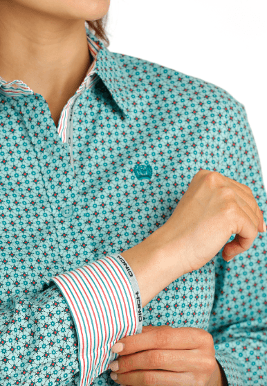 Cinch Women's Light Blue Geo Print Button Long Sleeve Western Shirt MSW9165051