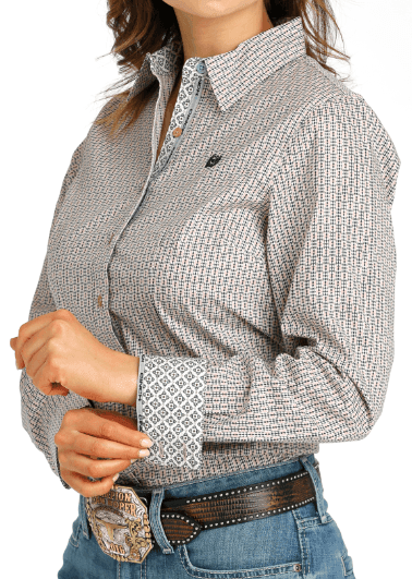 Cinch Women's Pink Geo Print Button Long Sleeve Western Shirt MSW9165050
