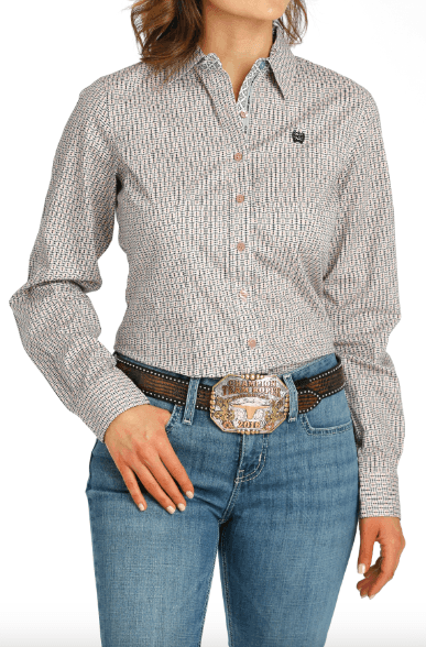 Cinch Women's Pink Geo Print Button Long Sleeve Western Shirt MSW9165050