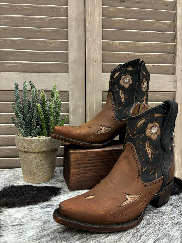 Circle G Women's Brown & Dark Navy Floral Snip Toe Shortie Cowgirl Ankle Boots L6096-Painted Cowgirl Western Store