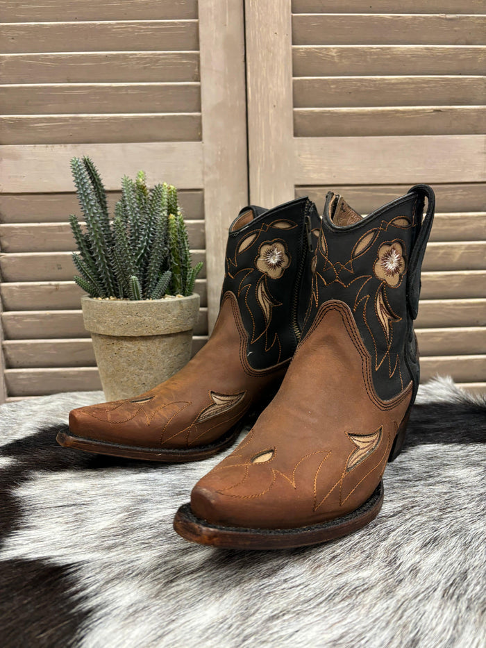 Circle G Women's Brown & Dark Navy Floral Snip Toe Shortie Cowgirl Ankle Boots L6096-Painted Cowgirl Western Store