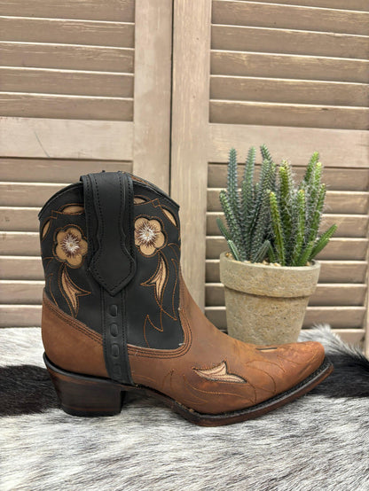 Circle G Women's Brown & Dark Navy Floral Snip Toe Shortie Cowgirl Ankle Boots L6096-Painted Cowgirl Western Store