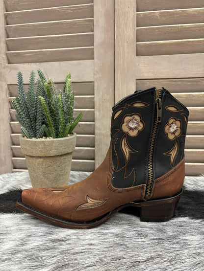Circle G Women's Brown & Dark Navy Floral Snip Toe Shortie Cowgirl Ankle Boots L6096-Painted Cowgirl Western Store