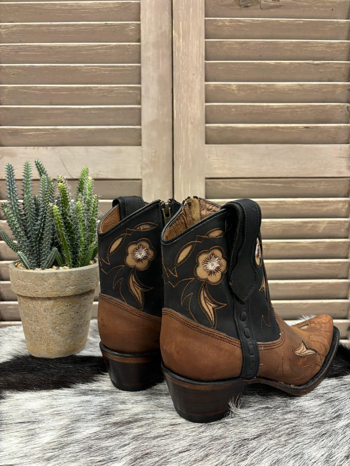 Circle G Women's Brown & Dark Navy Floral Snip Toe Shortie Cowgirl Ankle Boots L6096-Painted Cowgirl Western Store