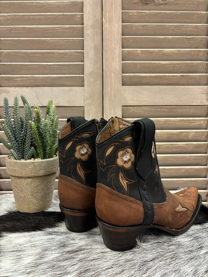 Circle G Women's Brown & Dark Navy Floral Snip Toe Shortie Cowgirl Ankle Boots L6096-Painted Cowgirl Western Store