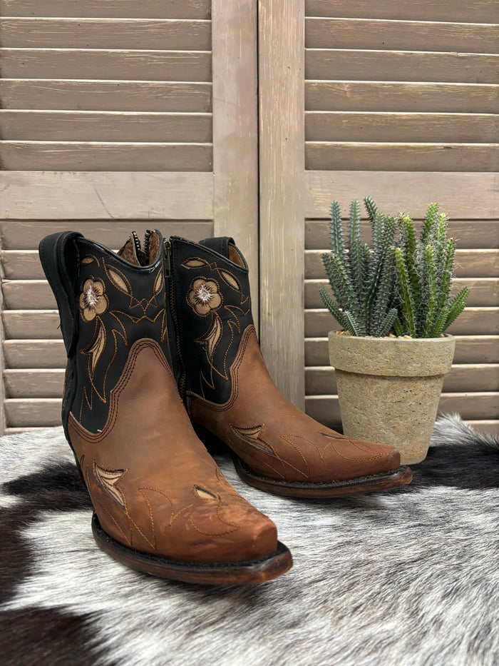 Circle G Women's Brown & Dark Navy Floral Snip Toe Shortie Cowgirl Ankle Boots L6096-Painted Cowgirl Western Store