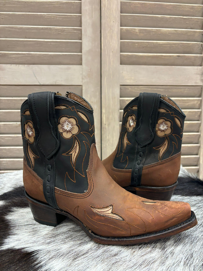 Circle G Women's Brown & Dark Navy Floral Snip Toe Shortie Cowgirl Ankle Boots L6096-Painted Cowgirl Western Store