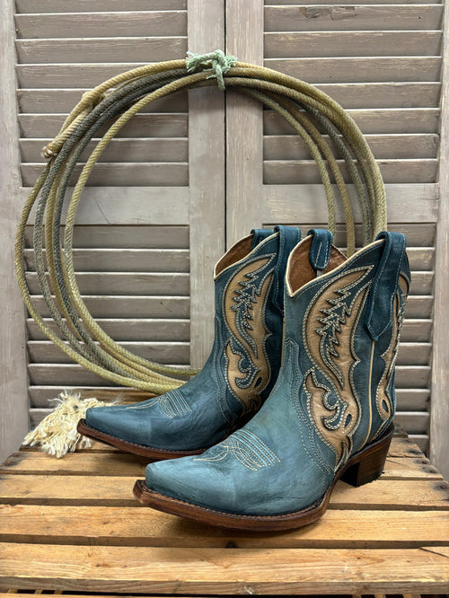 Circle G Women's Distressed Blue & Tan Inlay Cowgirl Ankle Boots L6089-Painted Cowgirl Western Store