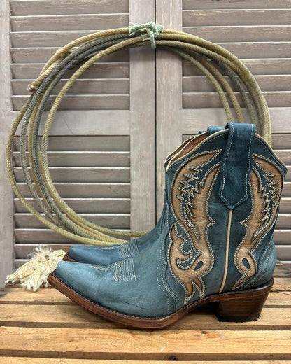 Circle G Women's Distressed Blue & Tan Inlay Cowgirl Ankle Boots L6089-Painted Cowgirl Western Store