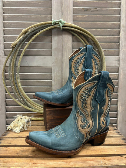 Circle G Women's Distressed Blue & Tan Inlay Cowgirl Ankle Boots L6089-Painted Cowgirl Western Store