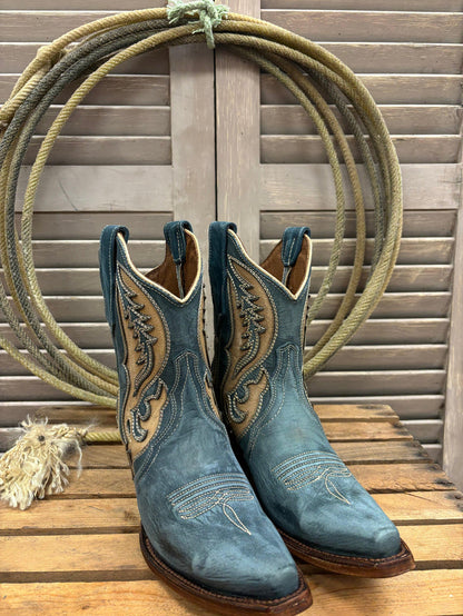 Circle G Women's Distressed Blue & Tan Inlay Cowgirl Ankle Boots L6089-Painted Cowgirl Western Store