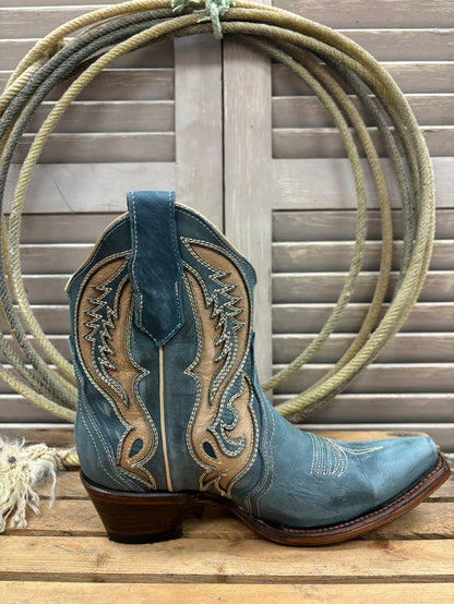 Circle G Women's Distressed Blue & Tan Inlay Cowgirl Ankle Boots L6089-Painted Cowgirl Western Store