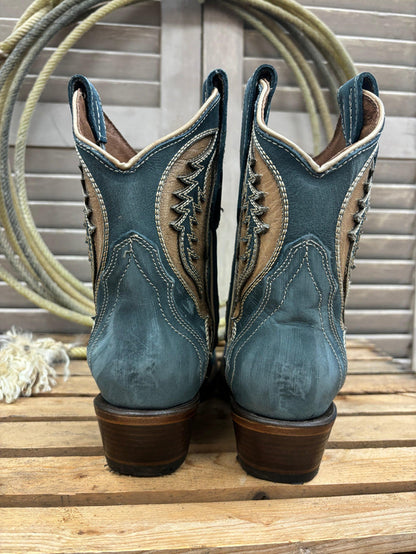 Circle G Women's Distressed Blue & Tan Inlay Cowgirl Ankle Boots L6089-Painted Cowgirl Western Store