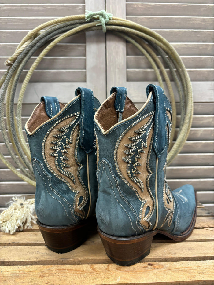Circle G Women's Distressed Blue & Tan Inlay Cowgirl Ankle Boots L6089-Painted Cowgirl Western Store