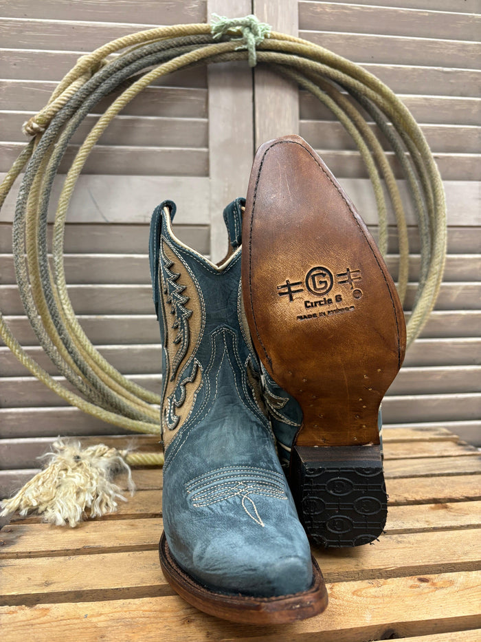 Circle G Women's Distressed Blue & Tan Inlay Cowgirl Ankle Boots L6089-Painted Cowgirl Western Store