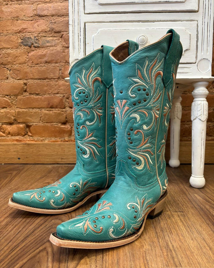 Circle G Women's Teal Embroidered & Studs Snip Toe Cowgirl Boots L5965-Painted Cowgirl Western Store