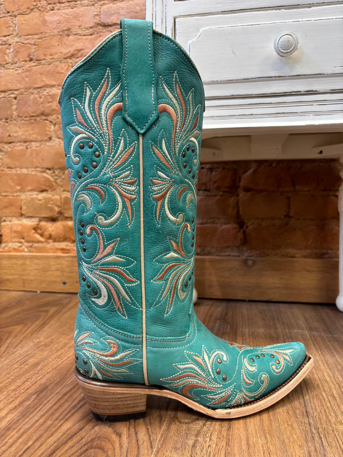 Circle G Women's Teal Embroidered & Studs Snip Toe Cowgirl Boots L5965-Painted Cowgirl Western Store