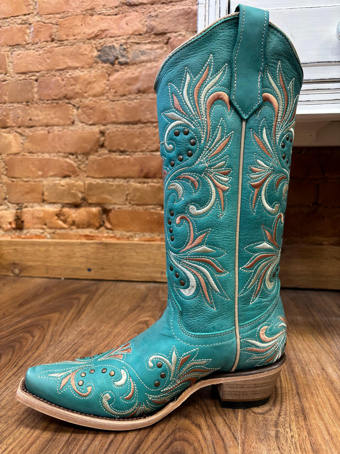 Circle G Women's Teal Embroidered & Studs Snip Toe Cowgirl Boots L5965-Painted Cowgirl Western Store