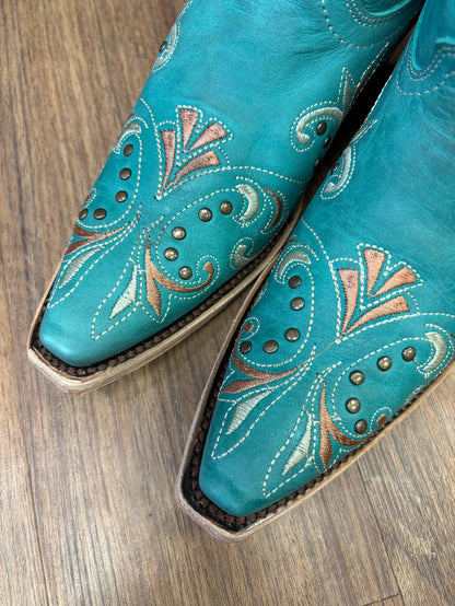 Circle G Women's Teal Embroidered & Studs Snip Toe Cowgirl Boots L5965-Painted Cowgirl Western Store