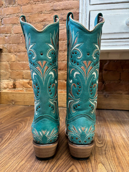 Circle G Women's Teal Embroidered & Studs Snip Toe Cowgirl Boots L5965-Painted Cowgirl Western Store