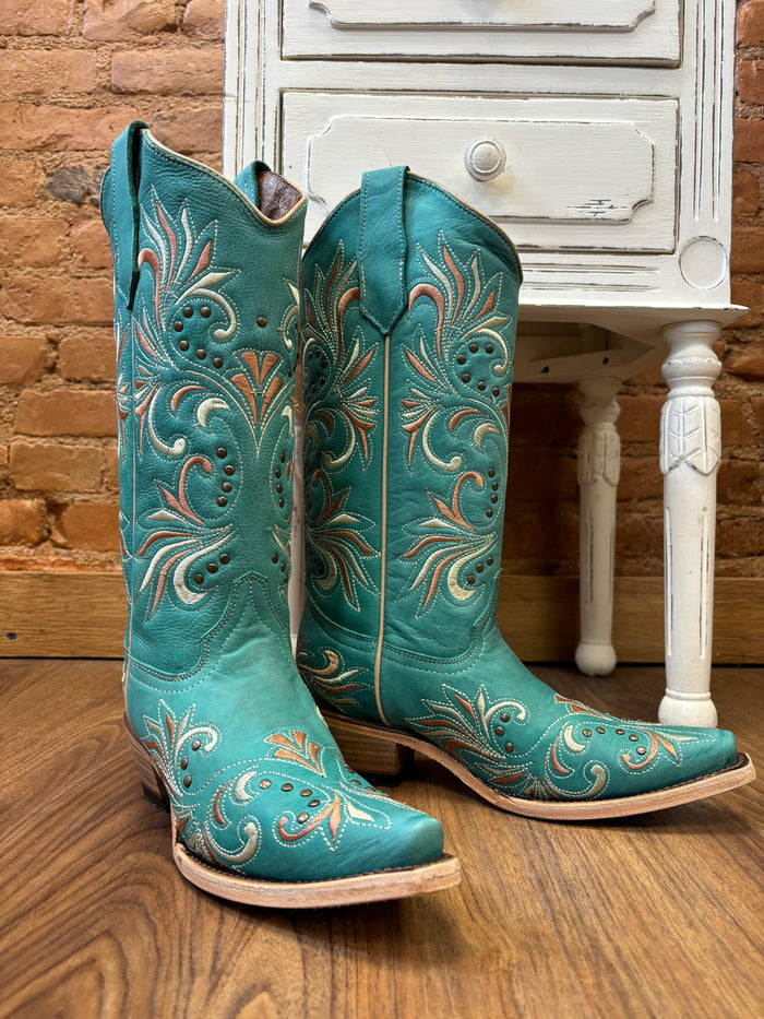 Circle G Women's Teal Embroidered & Studs Snip Toe Cowgirl Boots L5965-Painted Cowgirl Western Store