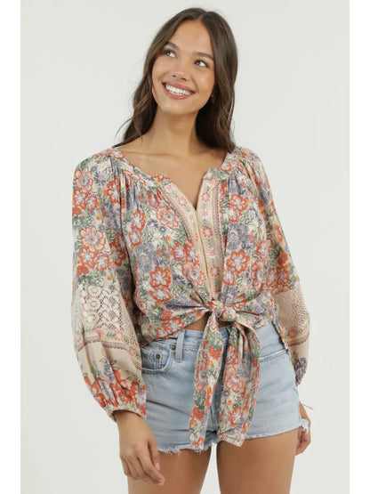 Border Print Tie Front Crochet Top