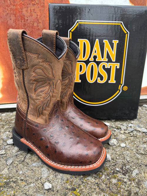 Dan Post Children/Youth Chocolate Brown Jet Ostrich Print Western Cowboy Boots DPC4007 DPC5007