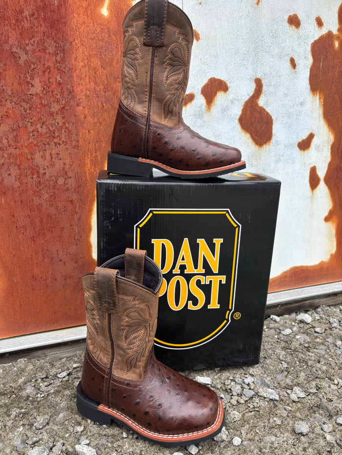 Dan Post Children/Youth Chocolate Brown Jet Ostrich Print Western Cowboy Boots DPC4007 DPC5007