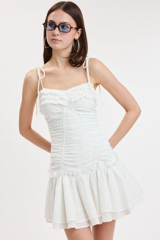 Eyelet Tie Strap Tiered Ruffle Mini Dress