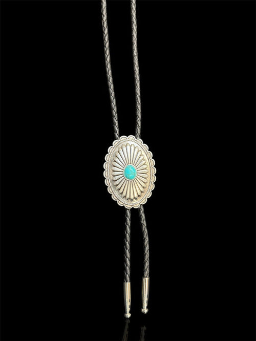 Double S Oval Flower Concho Slide with Turquoise Black Leather Bolo Tie 22107