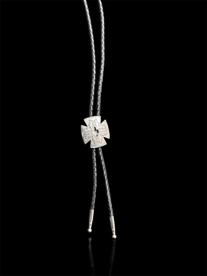 Double S Oval Silver Southwestern Cross Black Leather Bolo Tie 2222599-CROSS