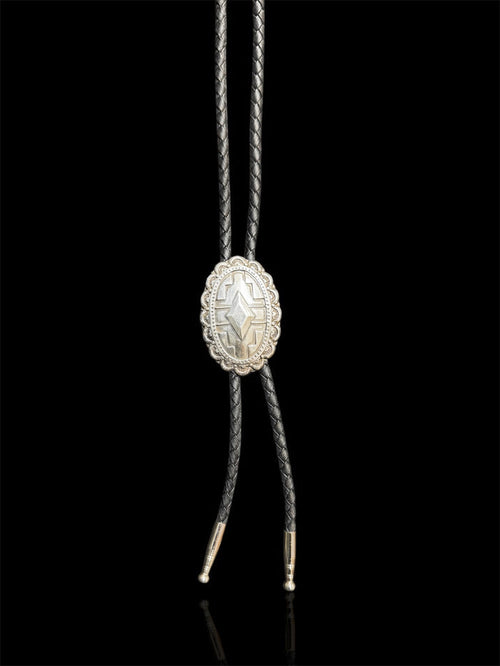 Double S Silver Oval Southwestern Diamond Black Leather Bolo Tie 2222599-DIAM