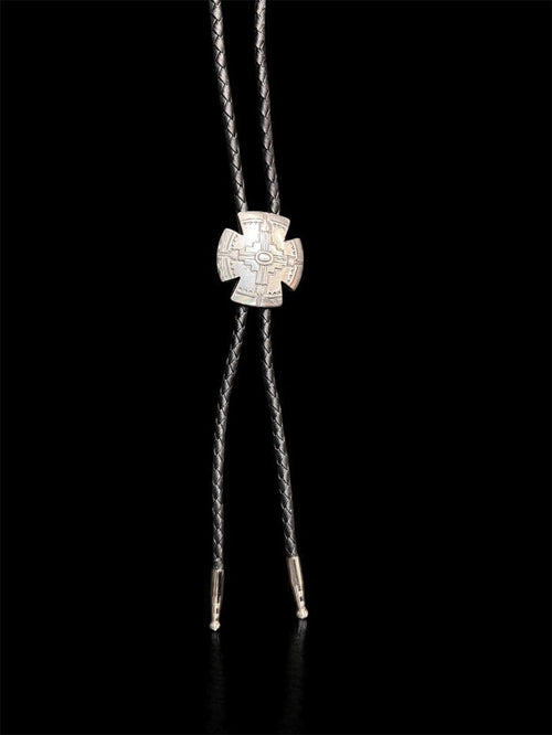 Double S Silver Southwestern Aztec Black Leather Bolo Tie 2222599-AZTEC