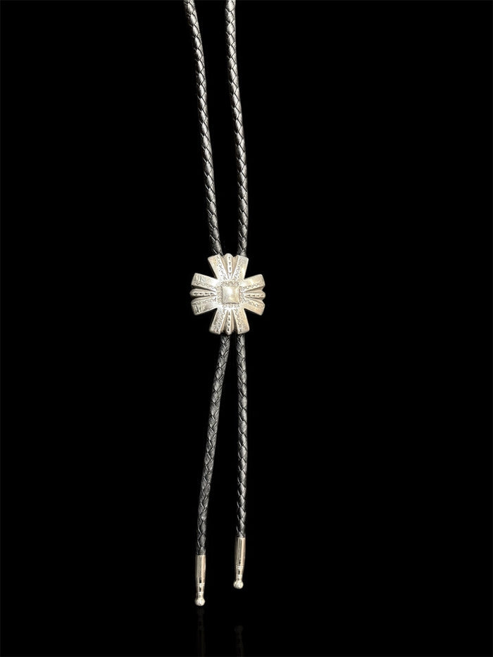 Double S Silver Southwestern Sunburst Black Leather Bolo Tie 2222599-SUN